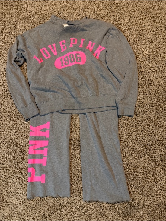 PINK Victoria's Secret Tops - PINK Grey Crewneck Sweatshirt & Lounge Pants with Hot Pink Logo